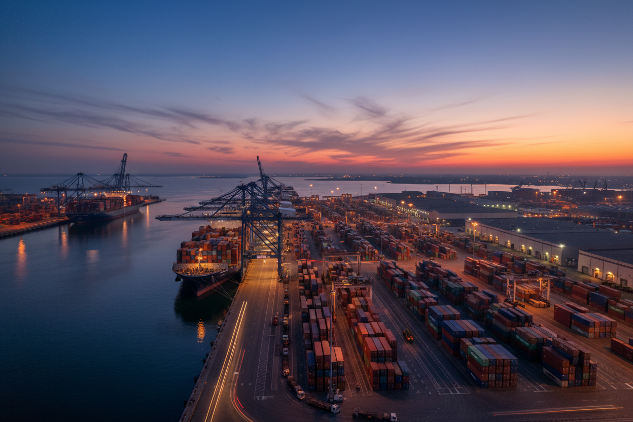 Bitte einen Hafen in der Dämmerung erstellen, etwas mit Logistik