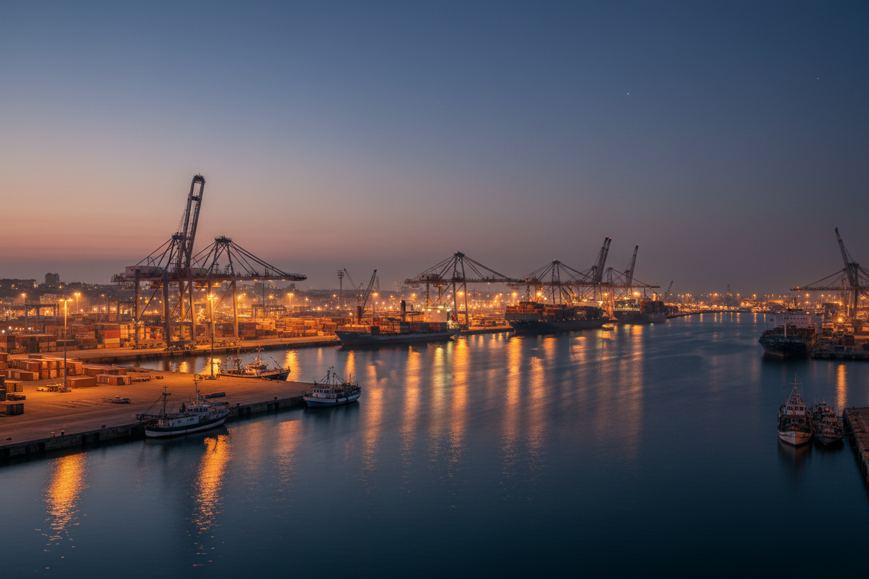 Bitte einen Schiffshafen darstellen in der Dämmerung wo der Hafen beleuchtet ist. Der Hintergrund muss zur Farbe #162533 passen
